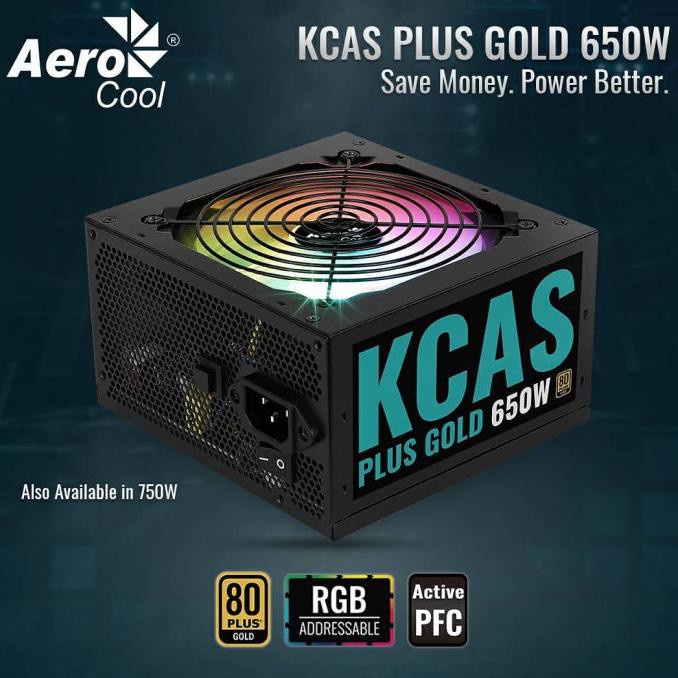 Aerocool KCAS 650W ARGB Fan - 650Watt 80+ Plus Gold Flat Power Supply TOP