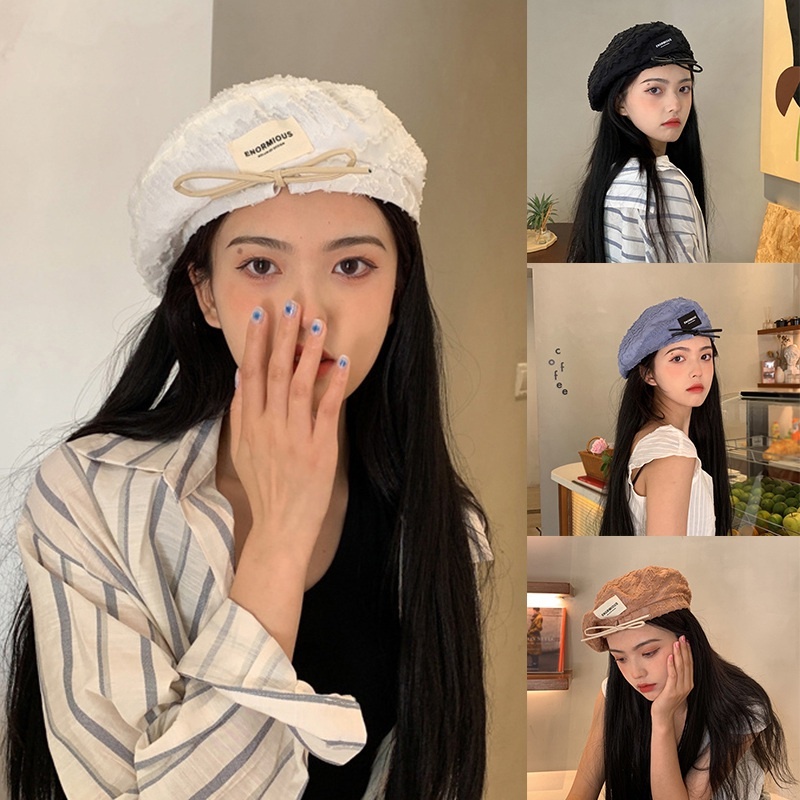 Topi Baret Pelukis Aksen Renda Label Warna Solid Gaya Korea Untuk Wanita