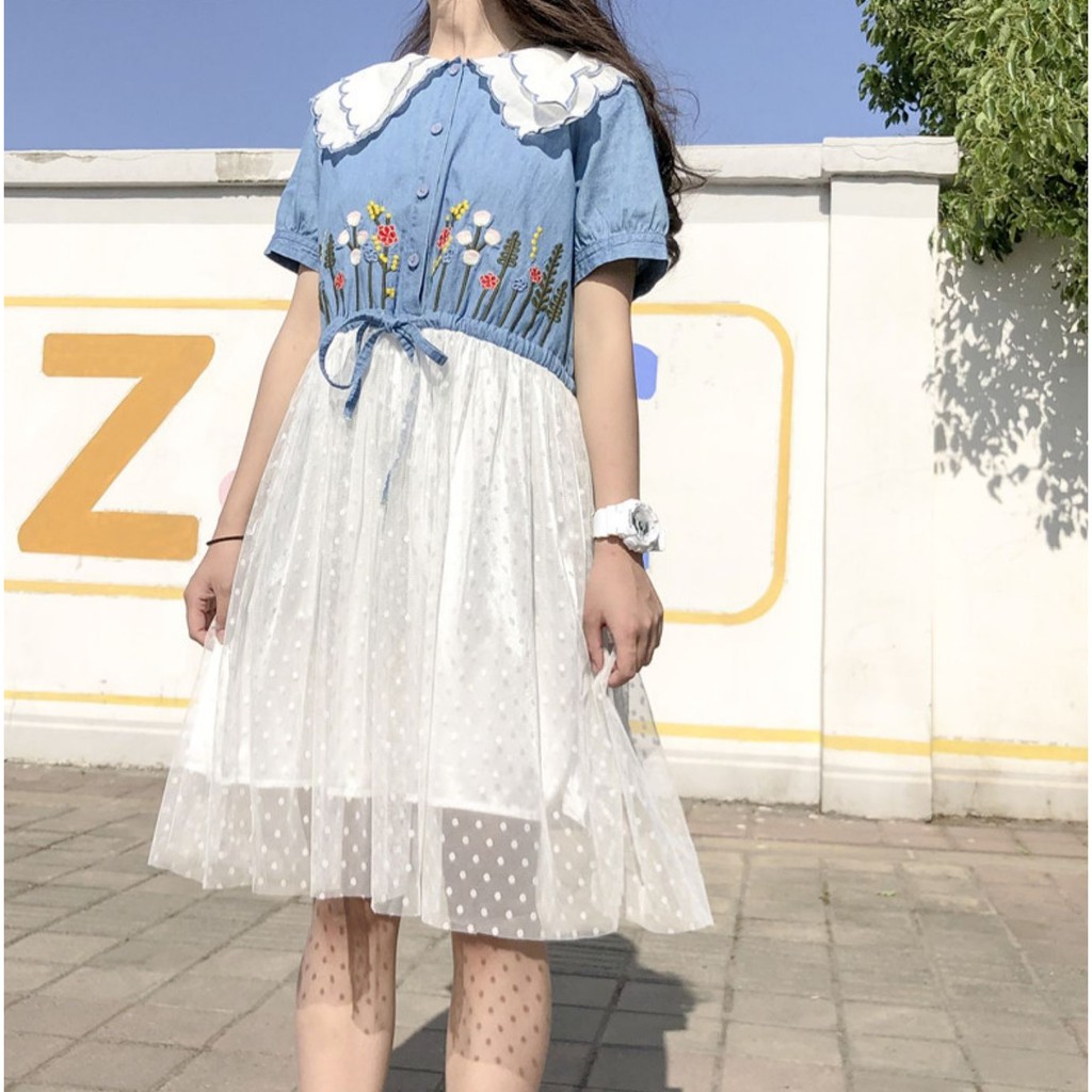 MR-63 casual dress denim navy lace flower summer baju import jepang korea