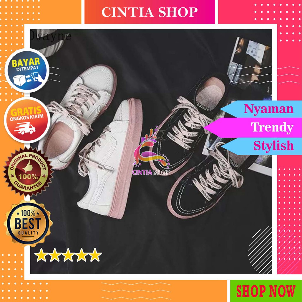 Sepatu Kets Fashion Cewek Model Korea Warna Hitam & Putih Degan Tali Kualitas Import Terbaru | ST03