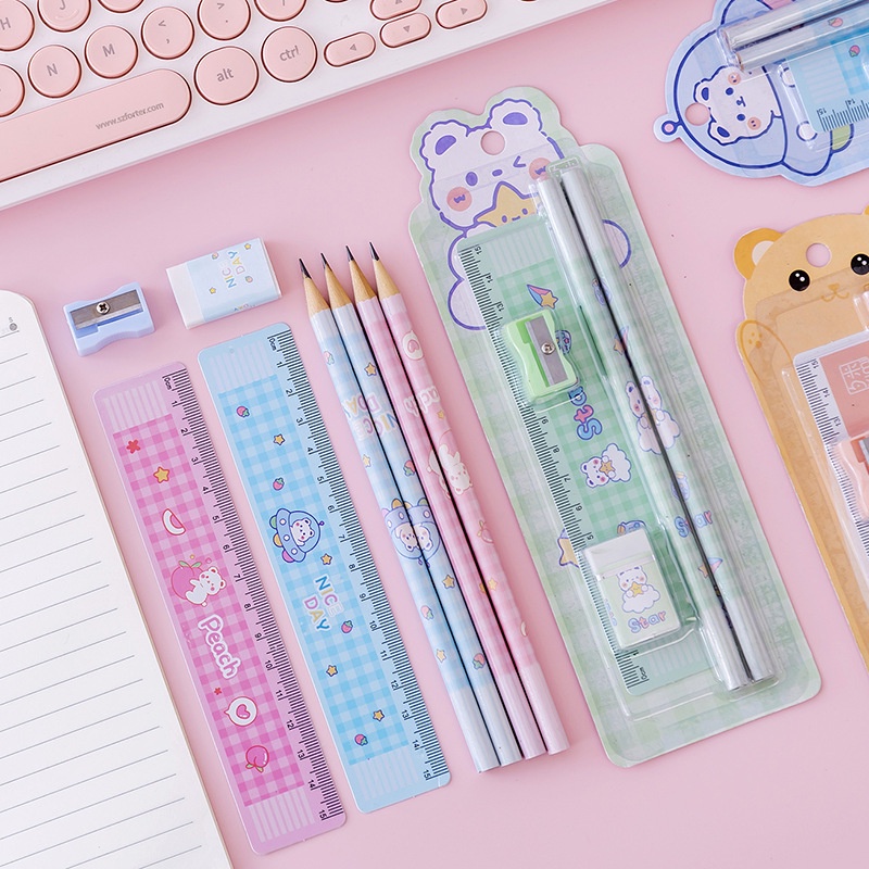 Set Alat Tulis Lucu Imut - Rautan Penghapus Penggaris Pensil