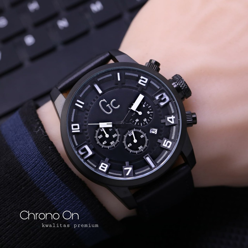 (COD) Jam Tangan Pria Guess Collection Gc3125T Chrono Tanggal Aktif Tali Kulit Free Box & Baterai - 