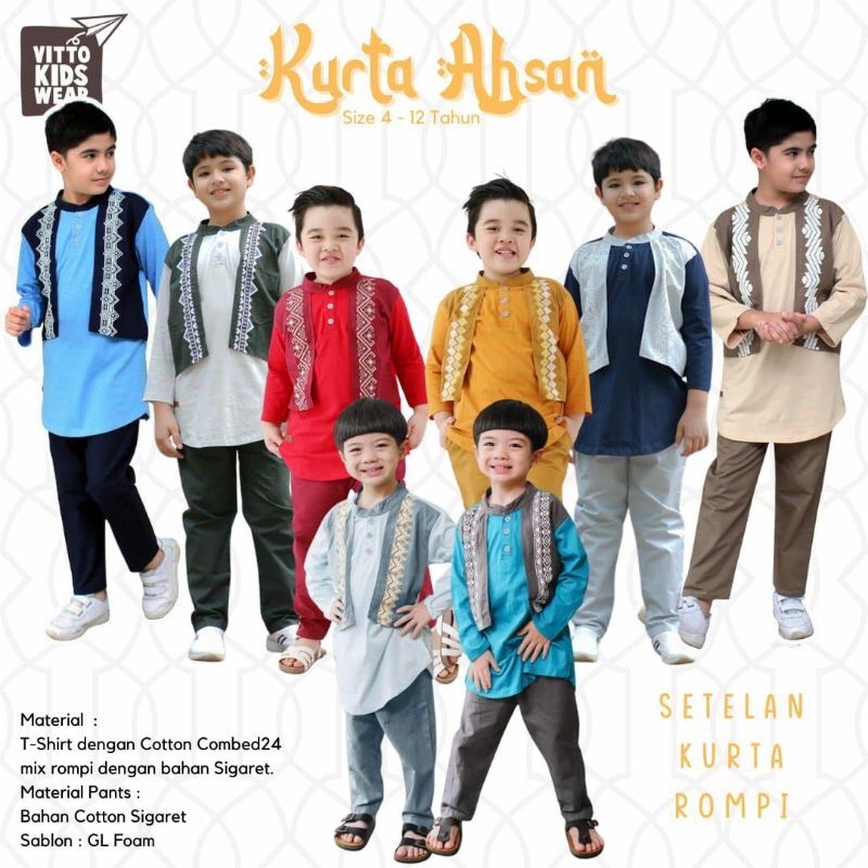 Setelan Koko Kurta Rompi Ahsan Vitto Kidswear 4-12 th kemko Set Baju Muslim Anak Laki-laki