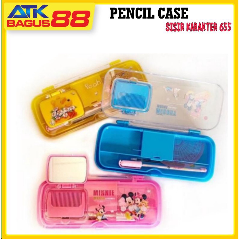 Pencil case / tempat pensil kaca plastik karakter set harga per 1 pcs (ada isi : pencil stip serutan kaca dan sisir)