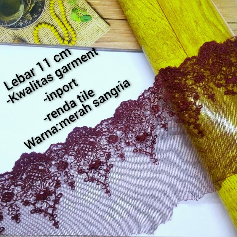 per  meter,renda tile warna merah sangria lebar 11 cm