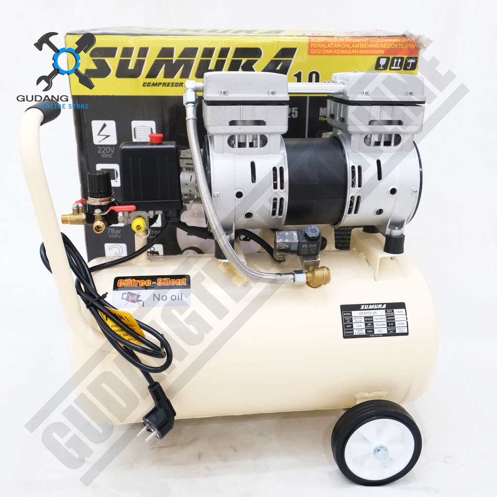 Kompresor Angin Tanpa Oli SUMURA OFS 750-25 / Air Compressor Oilless SUMURA OFS750-25 1Hp 25L