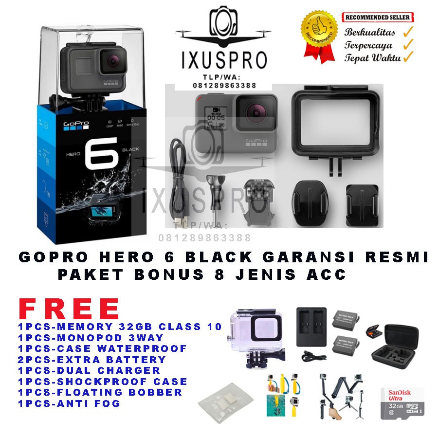 Gopro HERO6 Black - Kamera Aksi 4K Waterproof dengan Stabilisasi Elektronik 3-Axis