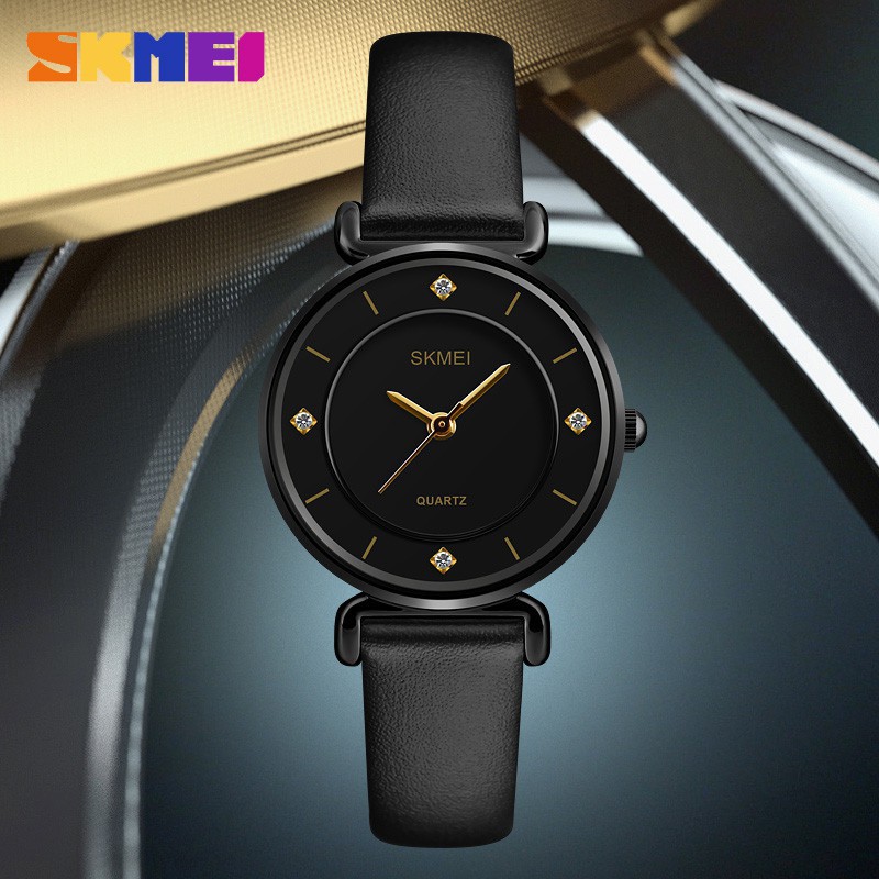 JAM WANITA ORIGINAL SKMEI SIMPLE CASUAL ANTI AIR TALI KULIT WARNA HITAM TERBARU LUCU