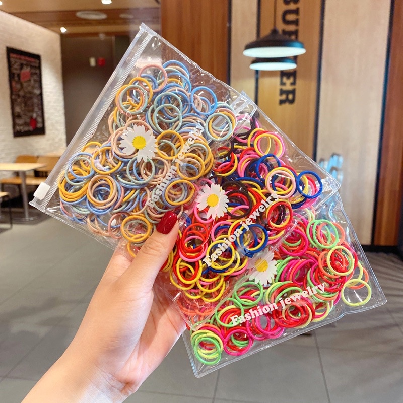 Delunashop IKAT RAMBUT KOREA 100PCS FREE POUCH Karet Warna Polos Gelang Tali Kunciran Aksesoris Anak Kuncir