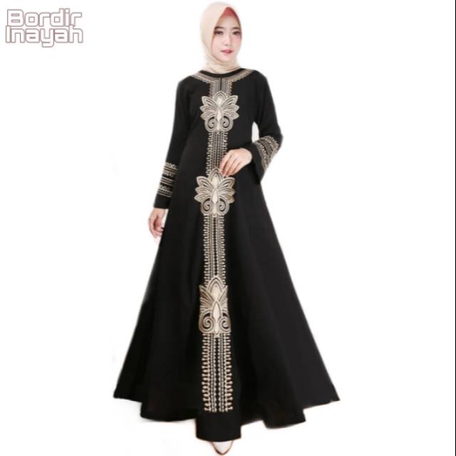 Abaya Bordir INAYAH Bahan Saudi Jetblack Syar'i / Abaya Hitam Arabian Style INDO ABAYA