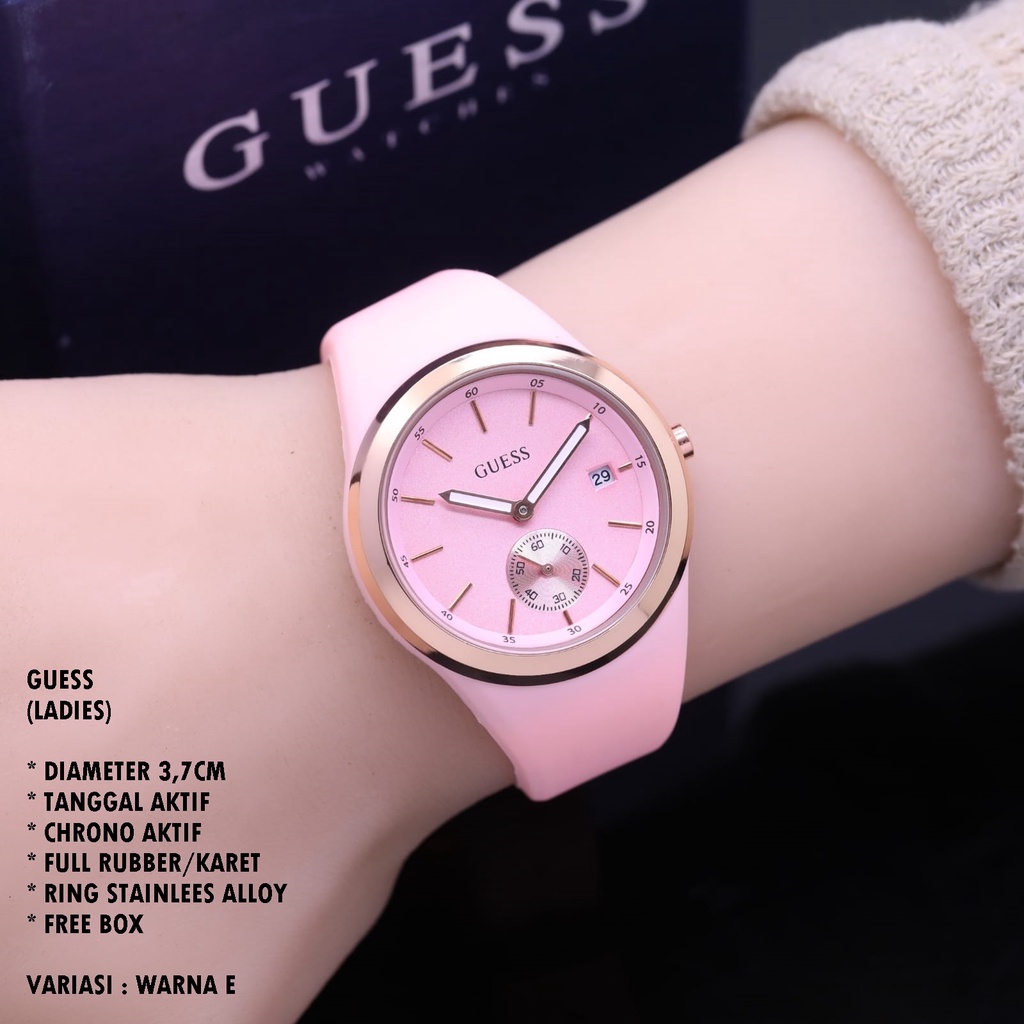 (BISA COD) JAM TANGAN WANITA GUESS TALI RUBBER BODY BULAT TANGGAL &amp; CHRONO AKTIF