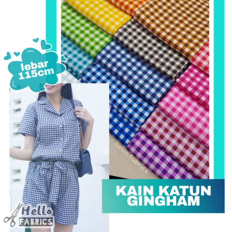 Kain katun meteran bahan masker motif kotak-kotak gingham lebar 115cm