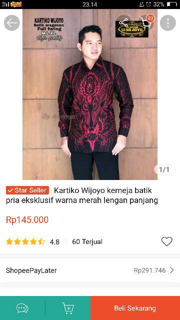 Kemeja Batik Pria Full Furing Kartiko Wijoyo Merah Batik Solo Katun Primisima Batik Merah