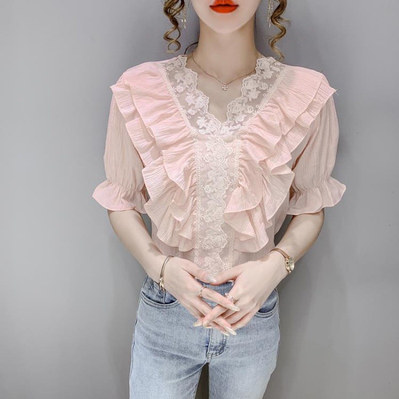 #Sisjuly# Wanita Renda Jahitan V-Neck Shirt Musim Panas Baru Manis Ruffle Lengan Pendek Kemeja Top