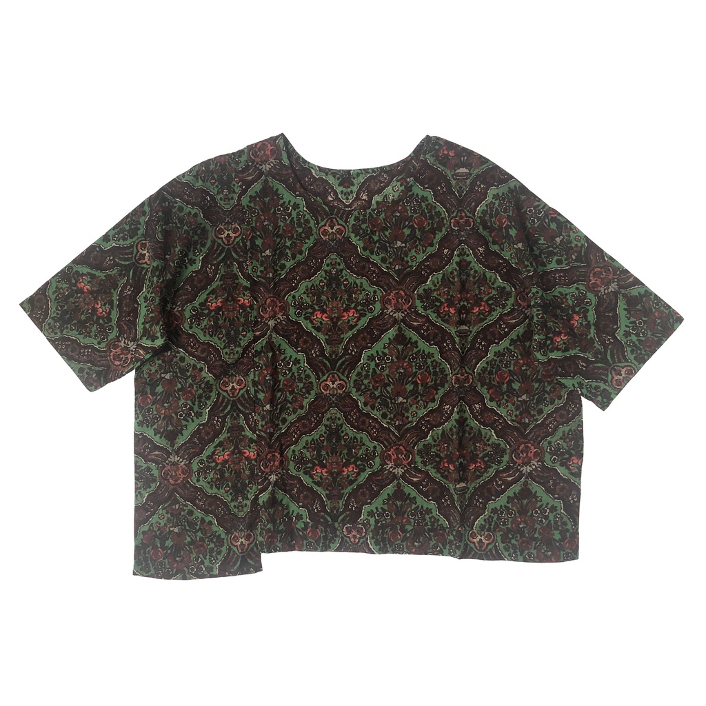BLUS CROP OVERSIZED LINEN MOTIF ETNIK BUNGA HIJAU MERAH KOREA IMPORT