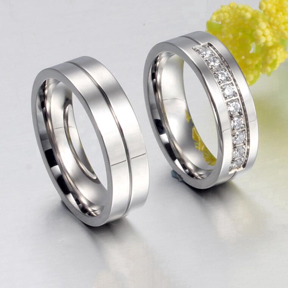 Cincin Pasangan Berlian Emas Perak Kawin Baja Titanium Pria Wanita Couple Rings