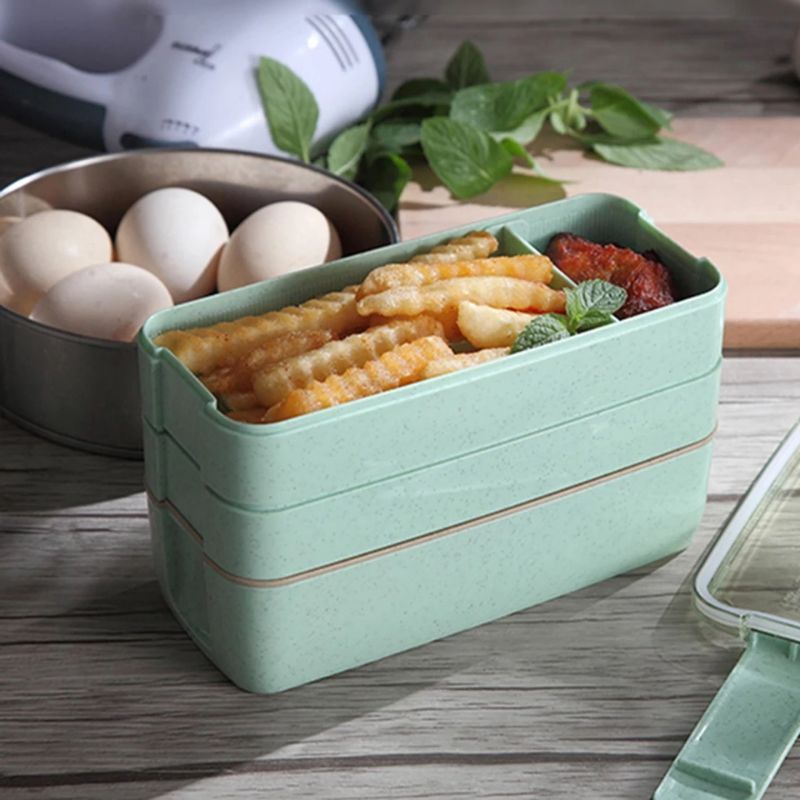 Kotak makan bento 3 susun bahan jerami Gandum/Lunch box 3 tingkat plus sendok