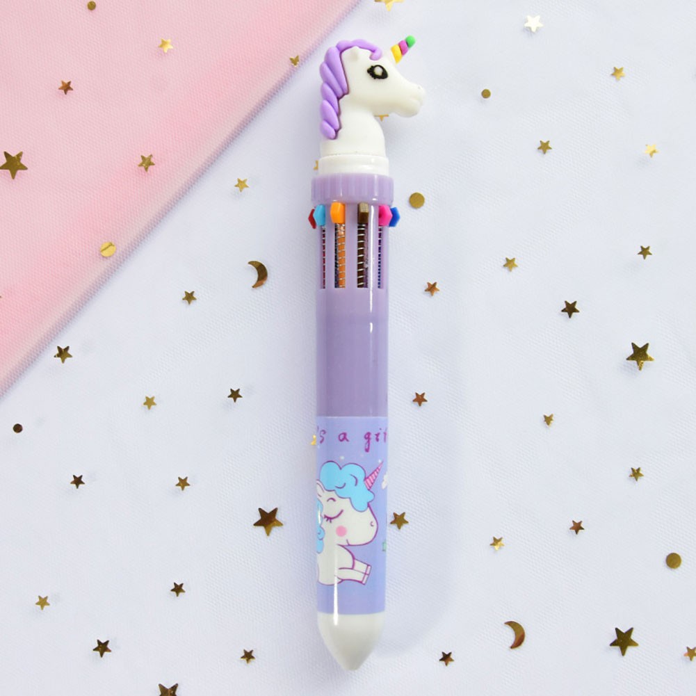 Pulpen 10 Warna Dengan Hiasan Kartun Unicorn Lucu Untuk Sekolah/Kantor