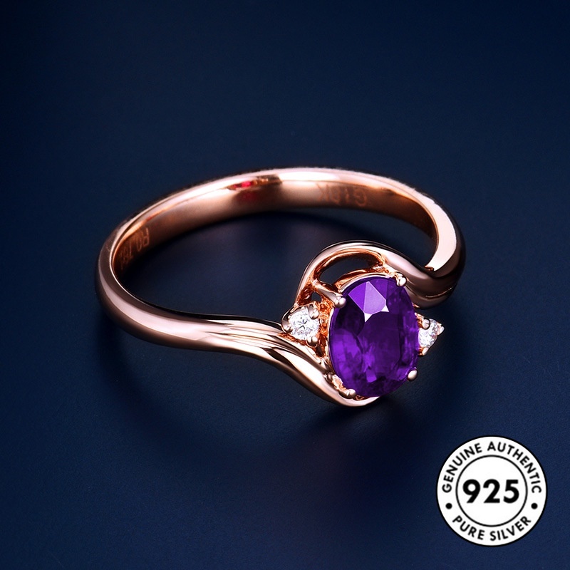 Cincin Sterling Silver 925 Dengan Batu Amethyst Warna Rose Gold Elegan Untuk Wanita