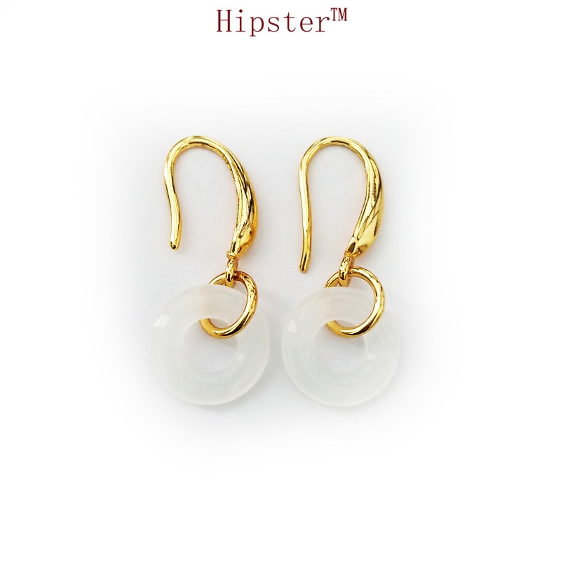 Light Luxury round White Jade Hibiscus Stone Powder Yuping Buckle Ear Hook