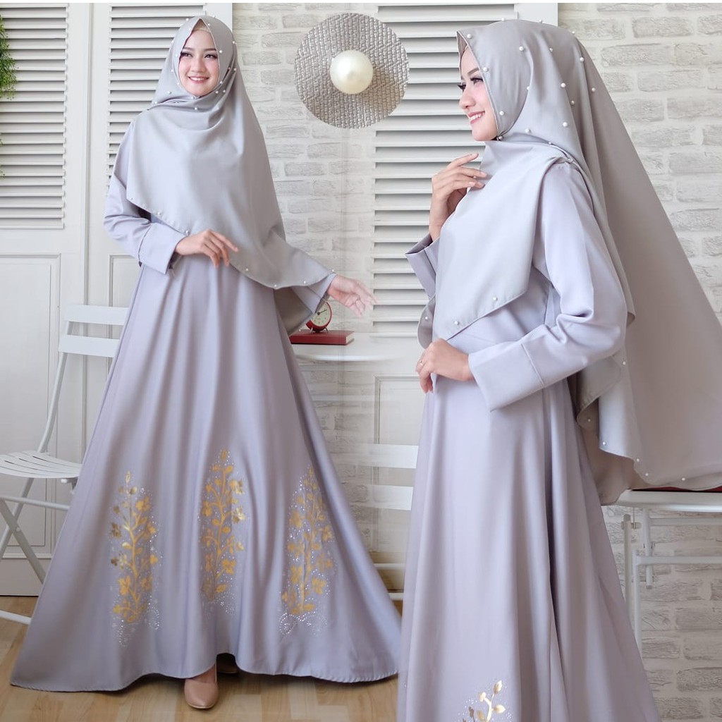 HOPYLOVY - Gamis Wanita Modern Rosma Syari + Bergo Tabur Mutiara