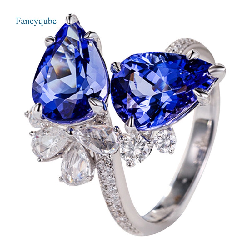 Fancyqube Cincin Berlian Sapphire Biru Tanzania Model Water Drop Terbuka Gaya Elegan Untuk Wanita