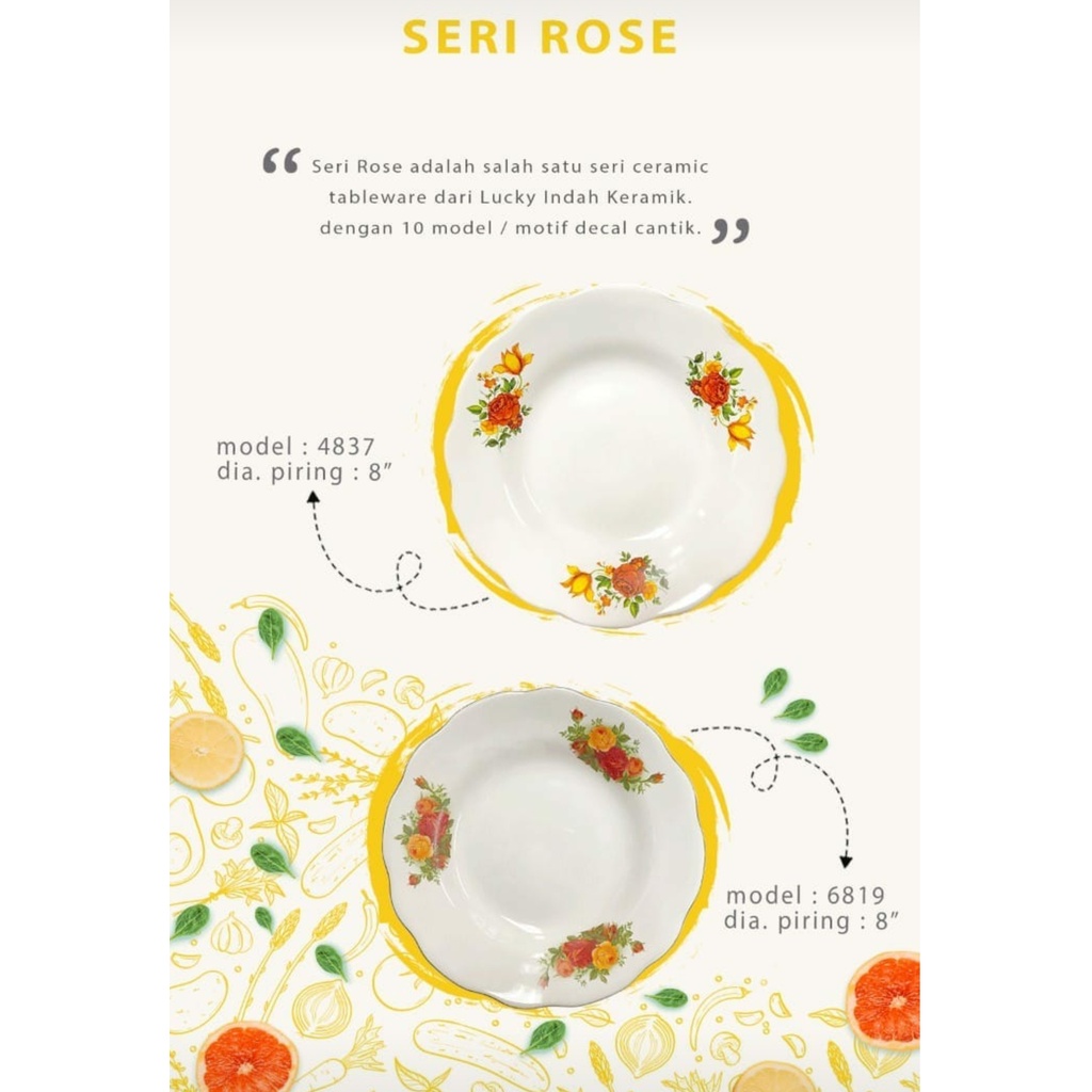 (1 PCS) PIRING 8 INCH PIRING MAKAN MAWAR PIRING KERAMIK PIRING BUNGA ROSE