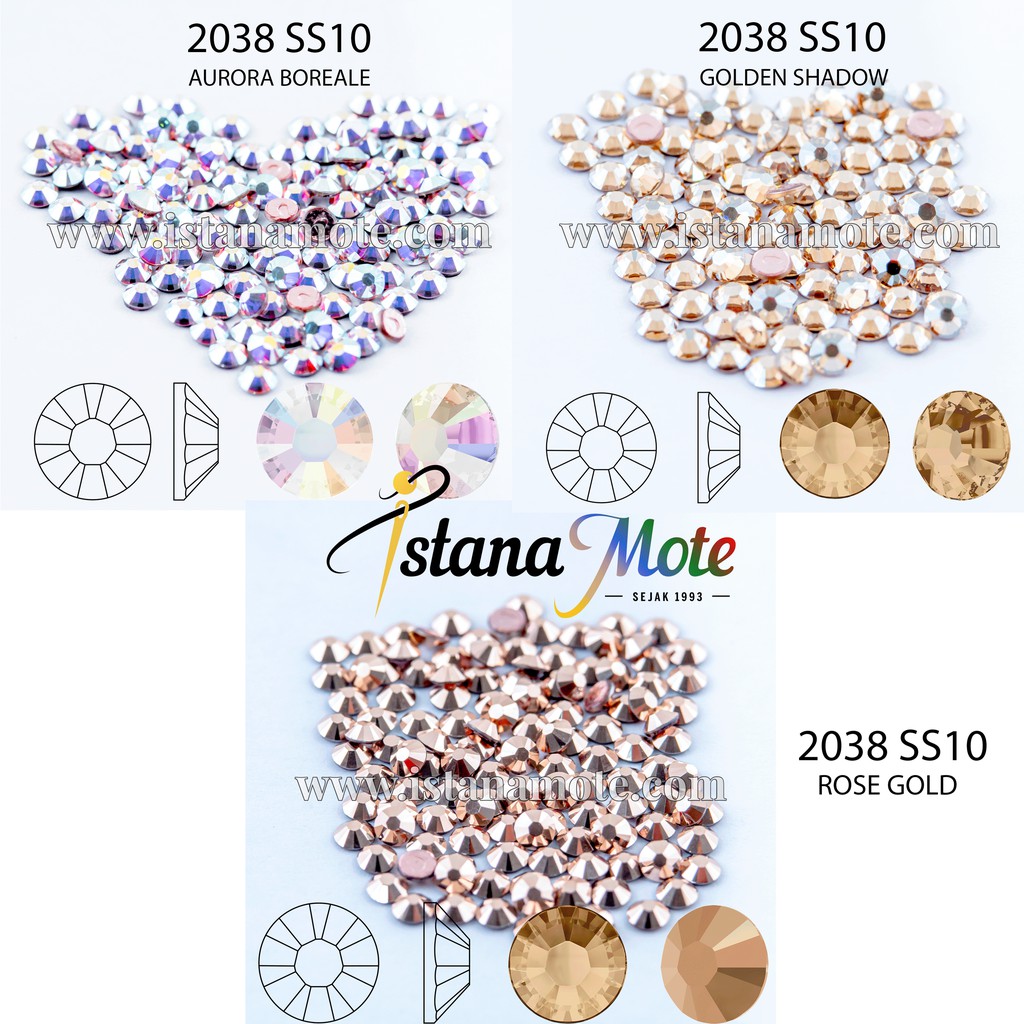 Flatback Hotfix kristal tempel Swarovski 2038-ss10-AB/GS/RoseGold ASLI ORIGINAL