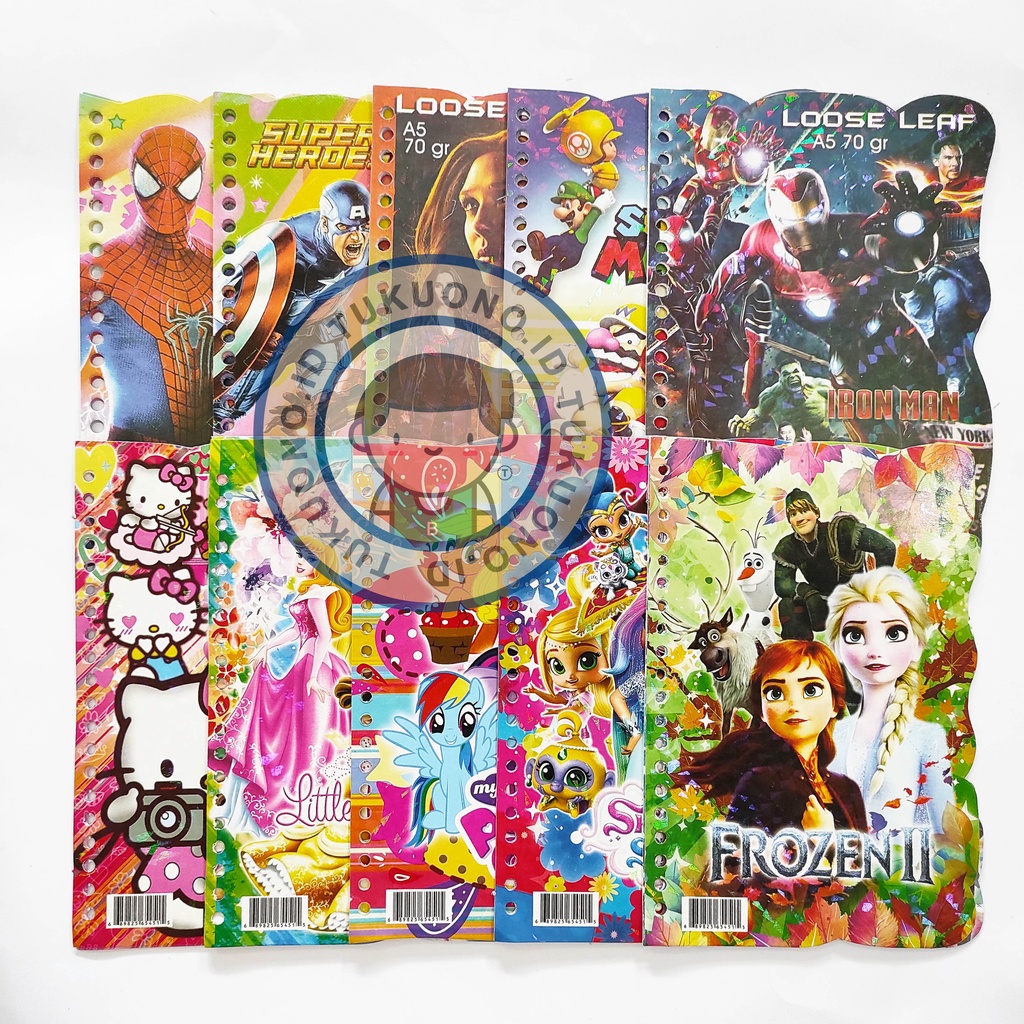

Loose Leaf MOTIF NON MERK A5 210x150mm | Kertas Binder | Avengers Frozen Pony LOL Spiderman Mario Marvel Iron Man