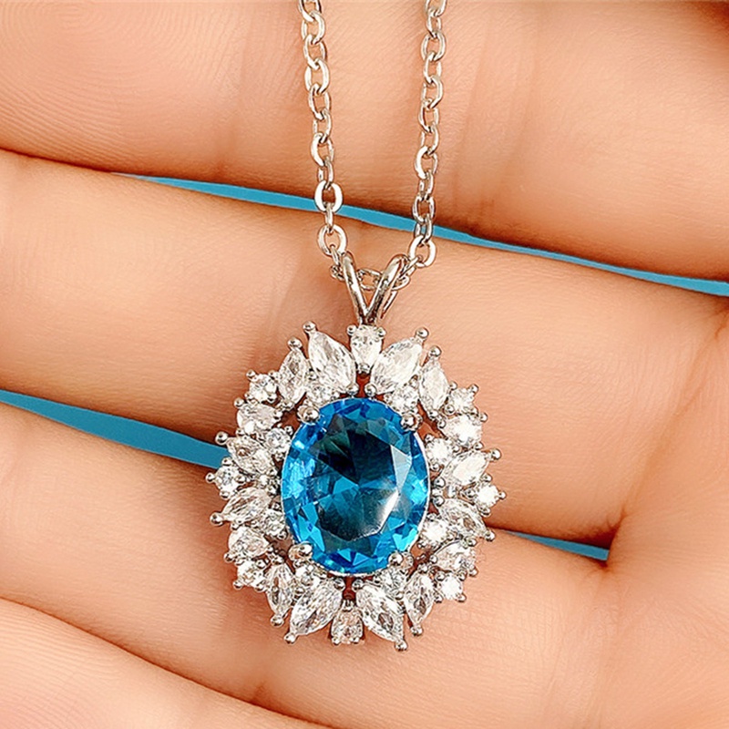 Kalung Liontin Cubic Zirconia Warna Biru Untuk Wanita