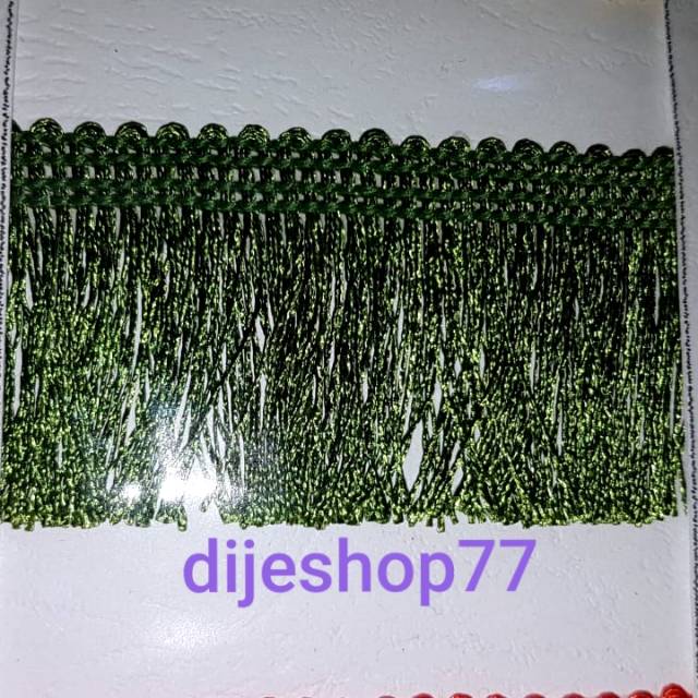 Renda rumbai hijau botol lebar 4cm / renda dayak 4 cm / renda rumbai metalik hijau tua, hijau daun