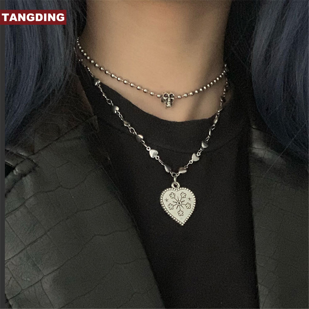 【COD Tangding】Cool Girl Love Heart Shape Flower Pendant Clavicle Choker Necklace Accessories