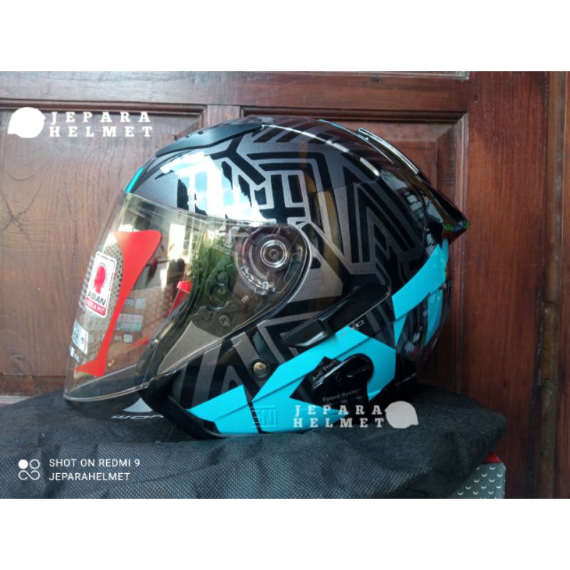 Helm KYT Galaxy Flat R Solid Motif Double Visor Original | KYT Half Face Galaxy Flat R Polos Black Hitam Doff Metalik Fire Red Merah Maroon Ferrari White Putih Gorila Grey Gunmetal Abu Aqua Blue Motif 4 5 Mimetic Neon Matrix Red Blue Yellow galaxy Slide-Motif Neon Blue