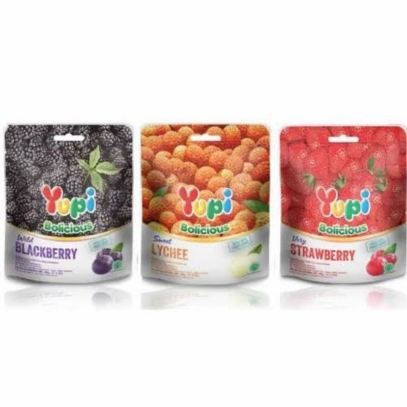 yupi bolicious pouch strawberry / blackcurrent / leci 40gr