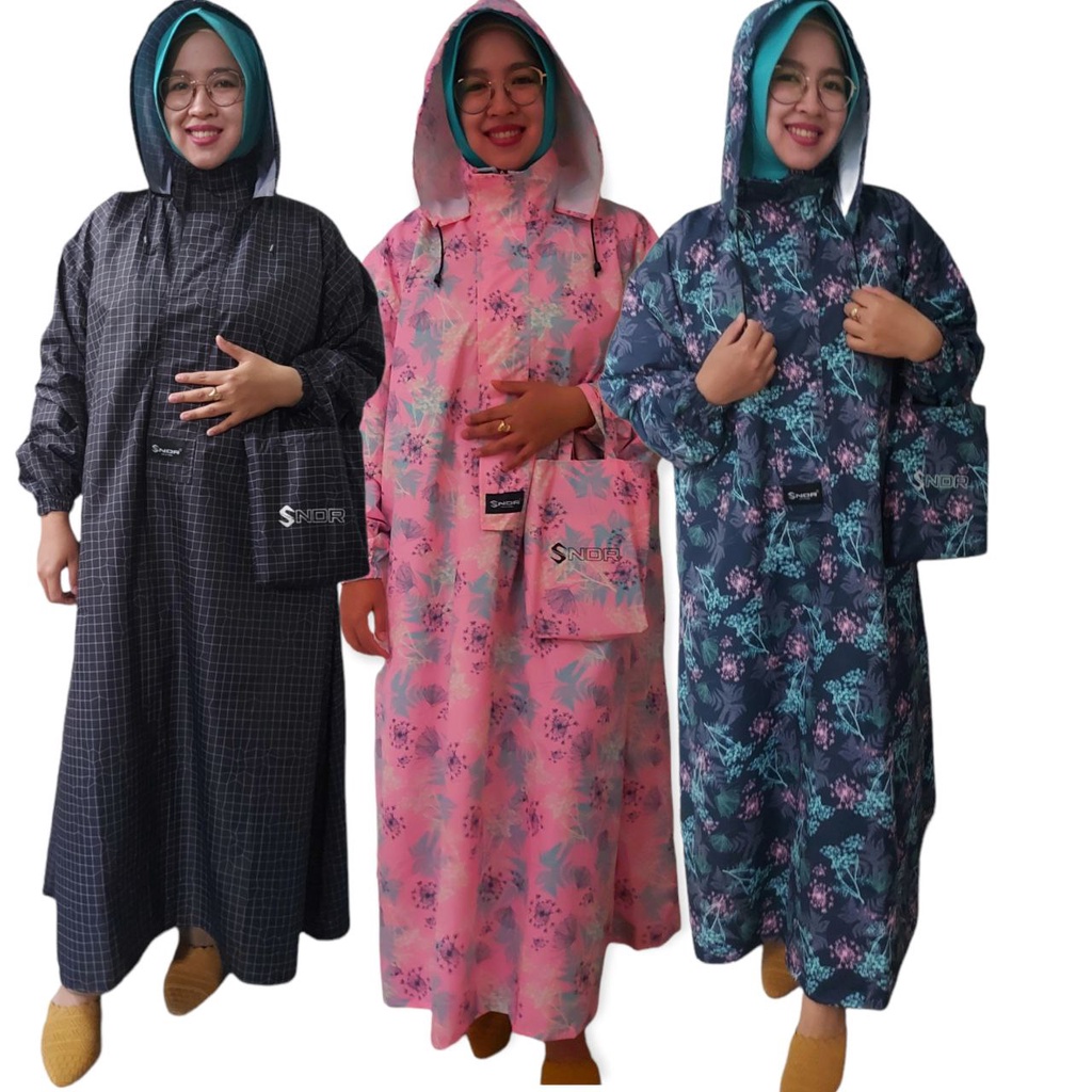 Jas Hujan Gamis Motif SNDR Jumbo Model Gamis Bigsize Muslimah Taslan Motif Waterproof