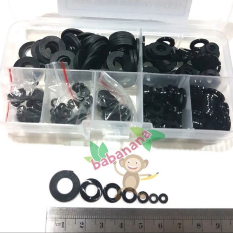 364pcs flat washer nylon ring cincin rata gelang plastik hitam kit set