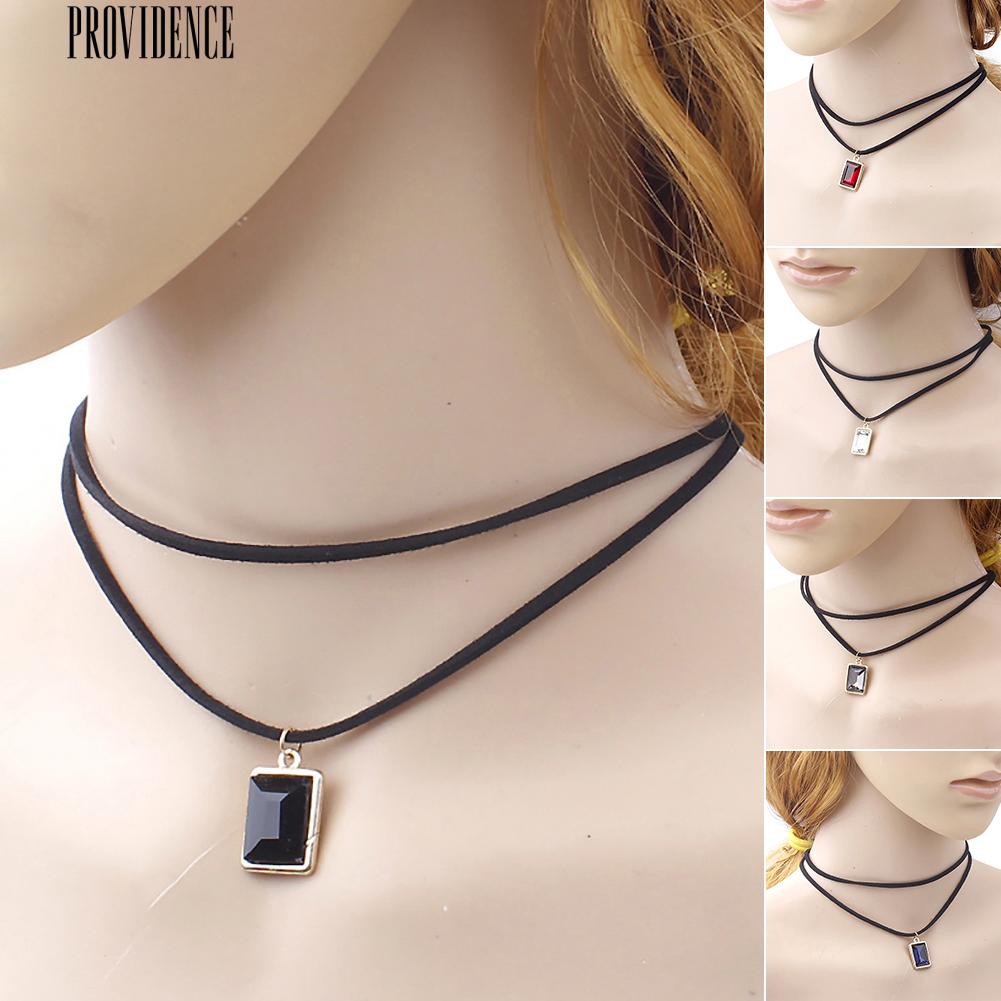 [Bayar Di Tempat]Rectangle Pendant Lapisan Ganda Velvet Rantai Choker Kalung Pendek Lady Hadiah