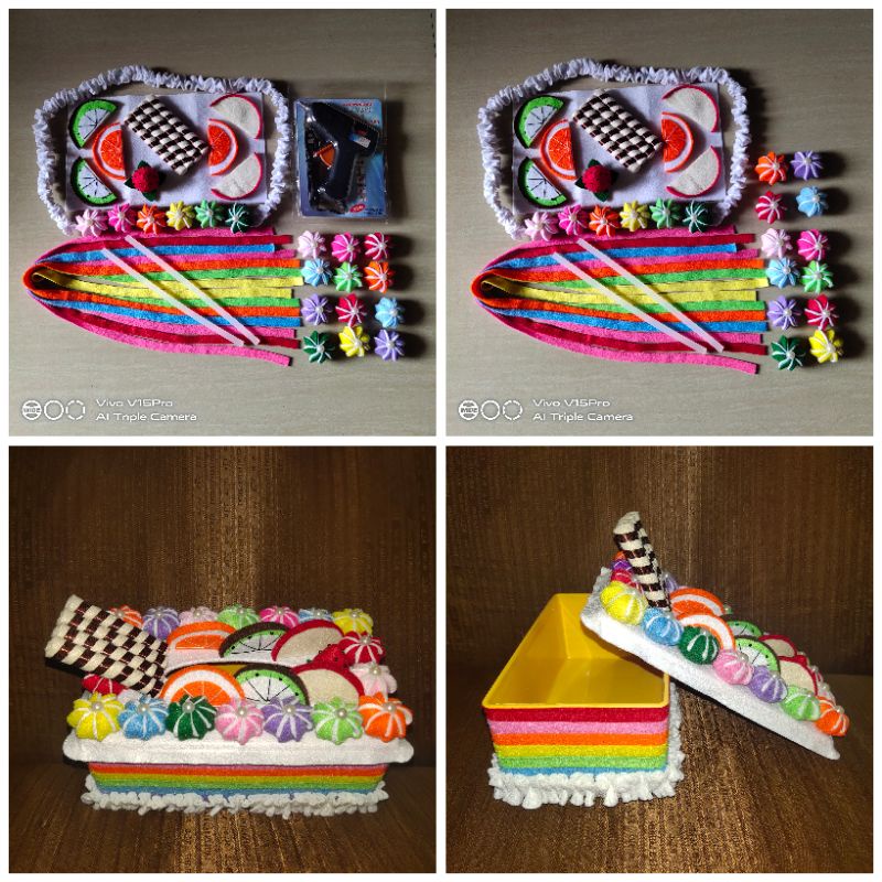 Paket DIY Kerajinan Tangan Prakarya Handmade Kotak Tissue Flanel Karakter RAINBOW CAKE KUE PELANGI U