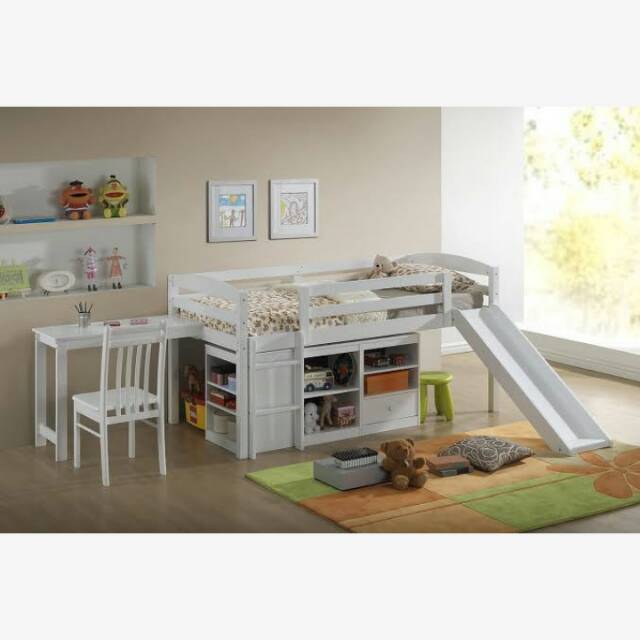 Tempat Tidur Tingkat Anak Meja Belajar Perosotan / Dipan Kayu Multifungsi / Ranjang Susun Lemari