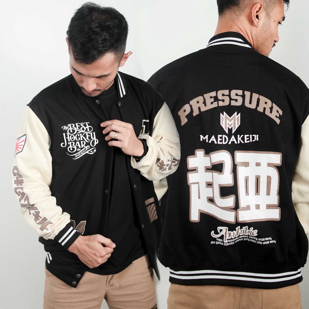 LOCAL BRAND - Jaket Varsity Pria Full Motif Sablon Full Katun Terbaru Jaket Pria Distro Jaket Baseball Vintage Pria Wanita Bahan full Katun M L XL - Erigo