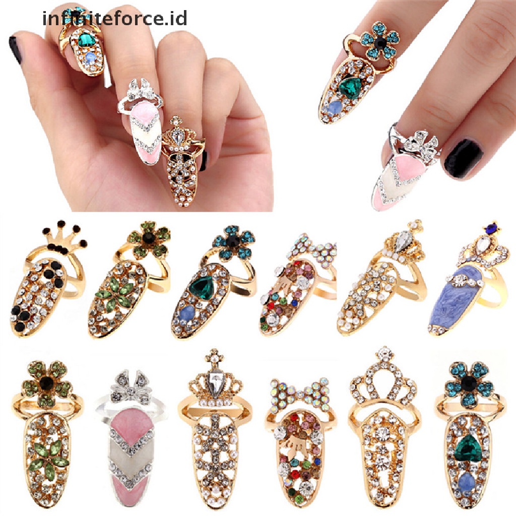 Infiniteforce.id Cincin Kuku Motif Mahkota + Bunga Aksen Kristal Untuk Perhiasan Wanita