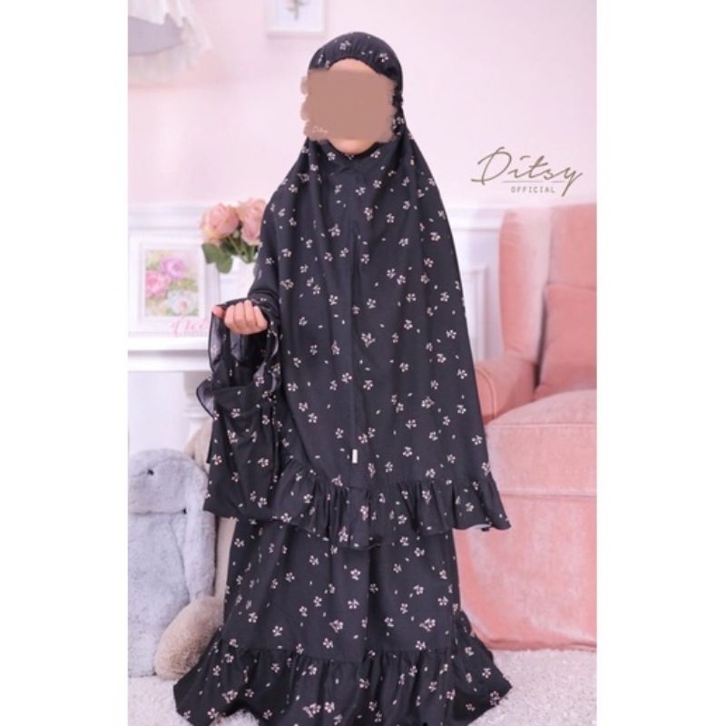 Little Prayer Set Ditsy Mukena Anak Cicera Cirera Black dan Yellow Size 1 New