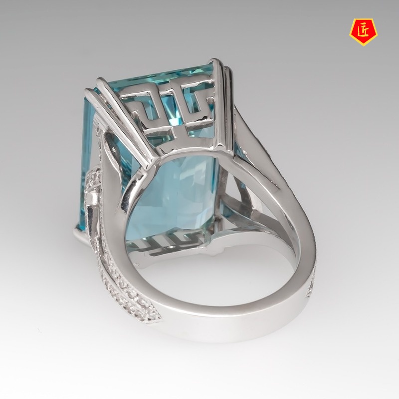 [Ready Stock]Inlaid Sea Blue Topaz Square Diamond Ring Fashion