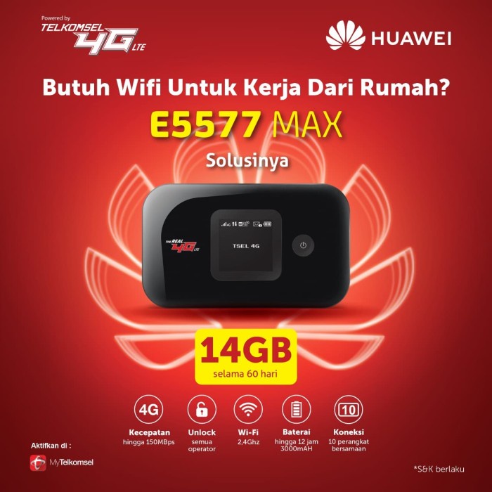 MIFI MODEM WIFI ROUTER 4G HUAWEI E5577 FREE TELKOMSEL 14GB 2BLN [MAX]