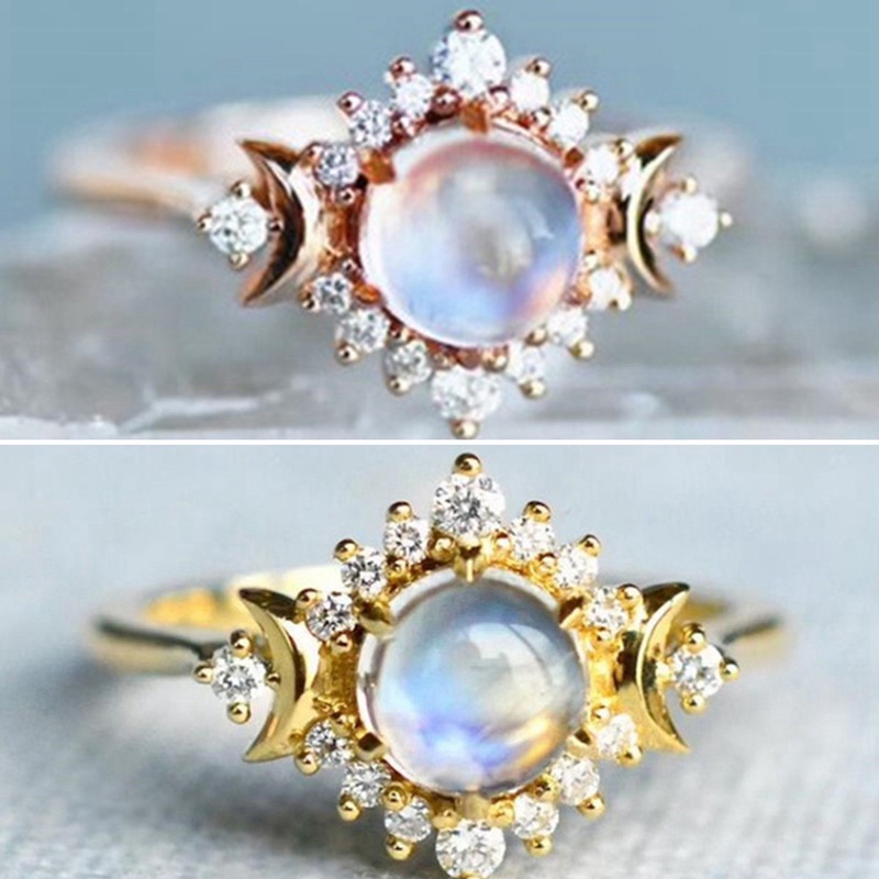 Cincin Emas 14k Desain Bulan Sabit Dewi Bulan Sabit Batu Bulan Matahari Dan Bintang Untuk Pernikahan