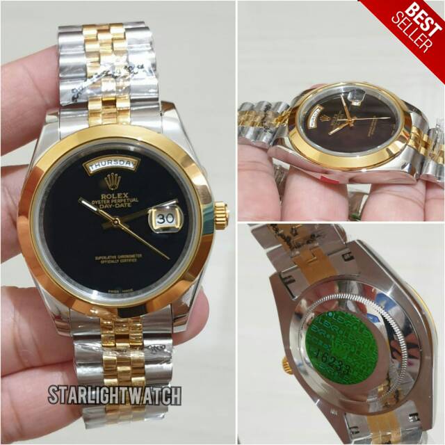 JAM TANGAN PRIA ROLEX DAY DATE AUTOMETIC SILVER COMBI GOLD BLACK DIAL