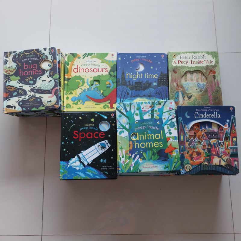 

buku cerita anak usborne peep inside dinosaurus, night time, bug homes, space