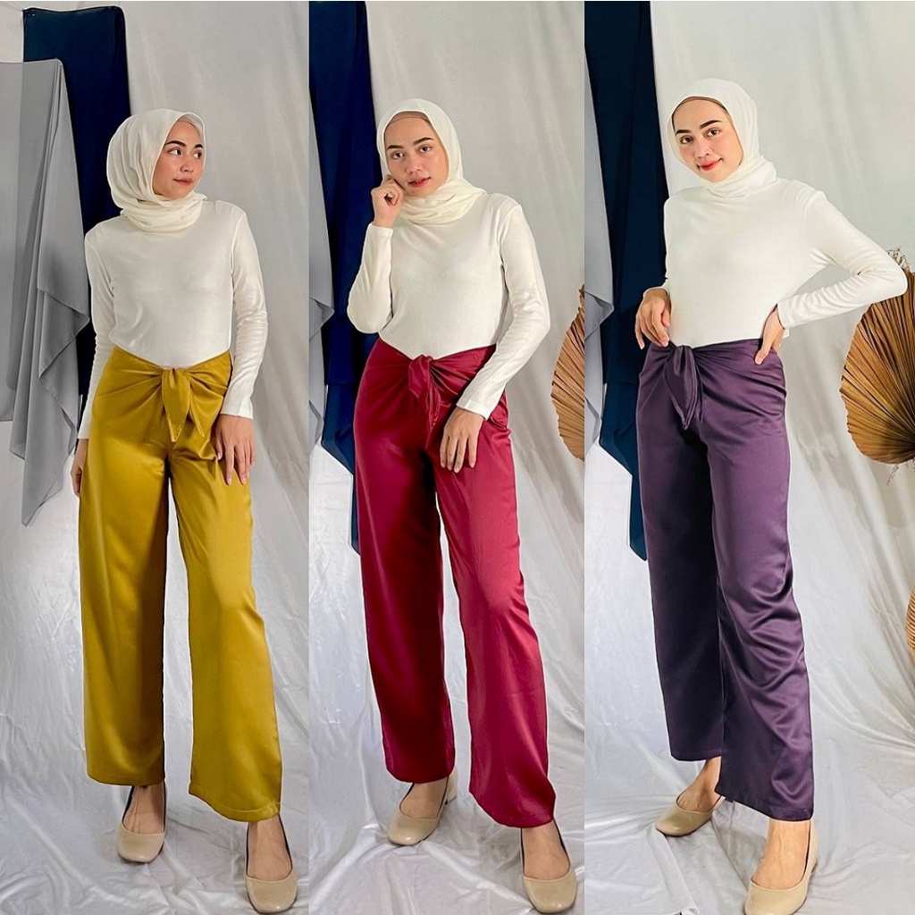 Bloom Kulot Tali Celana satin Ikat Wrap Pants Korean Style Kondangan Bahan Polos