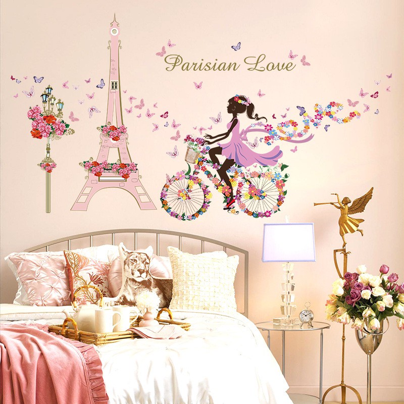 RELIZA Wall Sticker / Stiker Dinding 60X90 FLOWERS GIRL PARIS Eiffel TOWER PINK SK9006