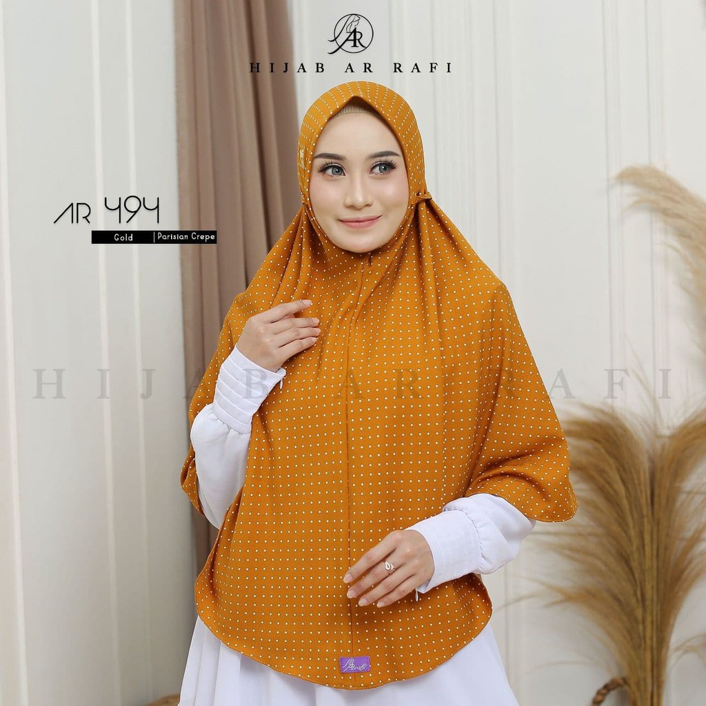 Hijab Arrafi Terbaru AR 494 Jumbo Non Pet Tali Kanan Kiri Motif Polkadot Hasenna Hijab